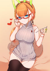 Rule 34 | 1girl, andou inari, bare arms, blue eyes, breasts, brown background, choumi wuti (xueye fanmang zhong), closed mouth, fox girl, fox tail, glasses, heart, highres, joints, large breasts, nijisanji, orange hair, robot ears, robot joints, sitting, solo, sweater, tail, thighhighs, virtual youtuber, virtuareal, vr link