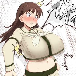 Rule 34 | 1girl, alternate breast size, blush, breasts, brown eyes, brown hair, commentary request, highres, huge breasts, kantai collection, konoshige (ryuun), long hair, midriff, navel, ooi (kancolle), ooi kai ni (kancolle), popped button, school uniform, serafuku, solo, surprised, upper body, wardrobe malfunction