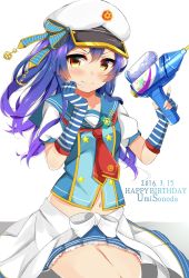 Rule 34 | 1girl, bad id, bad twitter id, birthday, blue gloves, blue hair, blush, character name, closed mouth, clothes around waist, commentary request, cowboy shot, dated, dorisu2, dress, fingerless gloves, gloves, gun, hair between eyes, hand on own cheek, hand on own face, happy birthday, hat, highres, holding, jacket, jacket around waist, long hair, looking at viewer, love live!, love live! school idol festival, love live! school idol project, navel, neckerchief, pleated skirt, sailor collar, sailor dress, simple background, sitting, skirt, smile, solo, sonoda umi, star (symbol), toy gun, water gun, weapon, white background, yellow eyes
