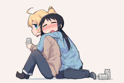 Rule 34 | 2girls, ahoge, ankle socks, arms around neck, beer can, black hair, blonde hair, blue eyes, blue shirt, blush, brown background, brown sweater, can, chito (shoujo shuumatsu ryokou), closed eyes, drink can, drunk, long sleeves, multiple girls, open mouth, parted lips, ponytail, shirt, short hair, shoujo shuumatsu ryokou, sidelocks, simple background, socks, sweater, twintails, wagashi928, yuuri (shoujo shuumatsu ryokou)