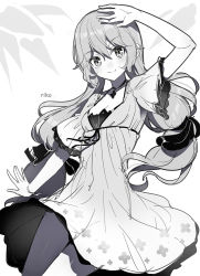 Rule 34 | 1girl, arm up, blush, bow, breasts, cleavage, closed mouth, dress, floral print, greyscale, hair between eyes, hair bow, long hair, low twintails, monochrome, original, print dress, ririko (zhuoyandesailaer), short sleeves, small breasts, smile, solo, twintails, very long hair, white background, wide sleeves