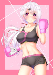 Rule 34 | 1girl, absurdres, bare arms, bare shoulders, blush, boxing gloves, breasts, cleavage, closed mouth, collarbone, commentary request, contrapposto, cowboy shot, dolphin shorts, hair ornament, hair ribbon, hairclip, hand up, highres, long hair, looking at viewer, low ponytail, medium breasts, navel, nijisanji, pink background, purple eyes, ribbon, shiina yuika, shirouzu myuuta, short shorts, shorts, smile, smiley face, solo, sports bra, stomach, tareme, toned, very long hair, virtual youtuber, white hair