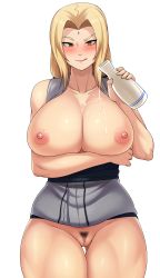 Rule 34 | 1girl, absurdres, alcohol, blonde hair, bottle, breast hold, breasts, breasts out, cleavage, cleft of venus, facing viewer, female pubic hair, highres, huge breasts, jmg, looking at viewer, naruto, naruto (series), naruto shippuuden, pubic hair, pussy, sake, sake bottle, simple background, standing, thigh gap, tsunade (naruto), white background
