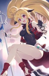 Rule 34 | 1girl, animal ears, black dress, black gloves, blonde hair, cropped vest, dress, fingerless gloves, fox ears, gloves, high heels, highres, holding, holding staff, japanese clothes, long hair, matsumoto tomoyohi, miko, namco x capcom, navel, nontraditional miko, project x zone, purple eyes, red footwear, red vest, solo, staff, vest, xiaomu