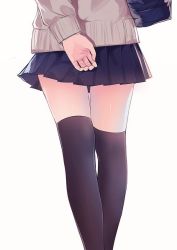 Rule 34 | 1girl, arm behind back, bag, beige sweater, black thighhighs, blue skirt, caidychen, from behind, legs together, long sleeves, lower body, miniskirt, original, out of frame, over-kneehighs, pleated skirt, school bag, school uniform, simple background, skirt, solo, standing, sweater, thighhighs, white background, zettai ryouiki