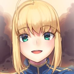 Rule 34 | 1girl, :d, ahoge, artoria pendragon (all), artoria pendragon (fate), blonde hair, blue dress, blush, boa (brianoa), dress, fate/stay night, fate (series), green eyes, highres, light blush, looking at viewer, open mouth, portrait, round eyewear, saber (fate), smile, solo, teeth, turtleneck, twitter username, upper teeth only