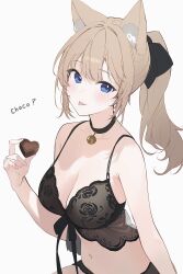 Rule 34 | 1girl, animal ear fluff, animal ears, bare arms, bare shoulders, bell, bikini, black choker, blonde hair, blue eyes, blush, breasts, candy, cat ears, cat girl, chocolate, chocolate heart, choker, cleavage, commentary, food, front-tie bikini top, front-tie top, hair ribbon, heart, highres, holding, holding chocolate, holding food, looking at viewer, medium breasts, navel, neck bell, open mouth, original, ponytail, ribbon, simple background, solo, soybean (hisoybean), swimsuit, symbol-only commentary, tongue, tongue out, upper body, white background