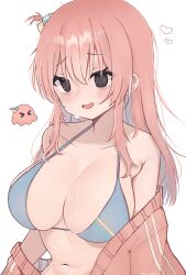 Rule 34 | 1girl, @ @, absurdres, armpit crease, artist name, bare shoulders, bikini, black eyes, blush, bocchi the rock!, breasts, cleavage, collarbone, commentary, cube hair ornament, gotoh hitori, gotoh hitori (octopus), grey bikini, hair between eyes, hair ornament, heart, highres, jacket, jacket partially removed, large breasts, long bangs, long hair, looking at viewer, meiwowowo, navel, nervous smile, one side up, open clothes, open jacket, open mouth, pink hair, pink jacket, simple background, smile, solo, stomach, sweat, sweatdrop, swimsuit, track jacket, twitter username, upper body, white background
