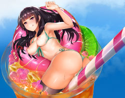 Rule 34 | 1girl, amane (amane05lemon), ass, bad id, bad pixiv id, bikini, black hair, black thighhighs, blush, breasts, cocktail, cocktail glass, commentary request, cup, drinking glass, food, fruit, gradient background, hair between eyes, hair ribbon, highres, isokaze (kancolle), kantai collection, long hair, looking at viewer, micro bikini, nipples, purple eyes, ribbon, smile, solo, swimsuit, thighhighs, tongue, tongue out, tress ribbon