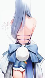 Rule 34 | 1girl, absurdres, back, bare shoulders, blue bow, blue skirt, bow, don-chan (usada pekora), from behind, highres, hololive, long hair, maru ccy, miniskirt, official alternate costume, rabbit girl, rabbit tail, simple background, skirt, solo, tail, usada pekora, usada pekora (furi furi bunny dress), virtual youtuber, white background