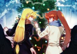 Rule 34 | 2girls, black jacket, blonde hair, blue scarf, blush, christmas tree, coat, commentary request, commission, cowboy shot, fate testarossa, feeding, hair ribbon, highres, jacket, jewelry, leoheart, long hair, long sleeves, looking at another, lyrical nanoha, mahou shoujo lyrical nanoha, mahou shoujo lyrical nanoha strikers, multiple girls, outdoors, pixiv commission, plaid, plaid scarf, ponytail, purple eyes, red eyes, red hair, ribbon, ring, scarf, side ponytail, smile, snow, snowing, takamachi nanoha, very long hair, wedding ring, white jacket, wife and wife, winter, yuri