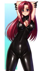 Rule 34 | 00s, 1girl, armpit hair, armpits, bodysuit, breasts, cameltoe, cleavage, cleft of venus, covered erect nipples, female focus, glasses, gloves, gradient background, kazami mizuho, latex, latex suit, long hair, nipples, onegai teacher, purple eyes, red hair, shiny clothes, skin tight, sleeveless, solo, teacher, white background, yasuomi