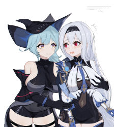 Rule 34 | 2girls, absurdres, arknights, arm cuffs, ascot, bad id, bad pixiv id, black gloves, black headwear, black necktie, black pants, black shirt, blue hair, blue necktie, blush, bodystocking, breasts, brown eyes, buttons, chinese commentary, clothing cutout, commentary request, cosplay, costume switch, cowboy shot, crossover, embarrassed, eula (genshin impact), eula (genshin impact) (cosplay), genshin impact, gloves, grabbing, grabbing from behind, hair between eyes, hairband, hand up, hat, highres, holding another&#039;s arm, large breasts, leotard, long hair, looking at another, low-tied long hair, medium hair, multiple girls, necktie, pants, satou rina, sawaki ken, shirt, sideboob, silver hair, simple background, skadi (arknights), skadi (arknights) (cosplay), skindentation, sleeveless, sleeveless shirt, smile, sword, thigh cutout, thighhighs, thighs, v-shaped eyebrows, very long hair, vision (genshin impact), voice actor connection, weapon, white background