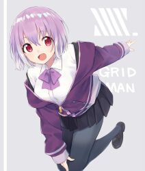 Rule 34 | 1girl, black footwear, black skirt, bow, bowtie, collared shirt, commentary, copyright name, grey background, gridman universe, jacket, light purple hair, loafers, long sleeves, looking at viewer, nifu, off shoulder, open mouth, pantyhose, pleated skirt, purple bow, purple bowtie, purple jacket, red eyes, school uniform, shinjou akane, shirt, shoes, short hair, simple background, skirt, solo, ssss.gridman, white shirt