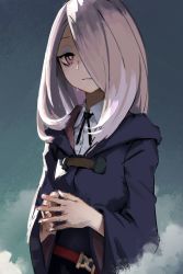 Rule 34 | 1girl, female focus, hair over one eye, highres, light smile, little witch academia, looking at viewer, pink hair, red eyes, solo, sucy manbavaran, treeware, upper body, white background