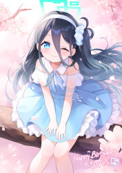 1girl absurdly_long_hair absurdres aqua_halo aris_(blue_archive) bare_shoulders black_hair blue_archive blue_dress blue_eyes blue_halo blush branch cherry_blossoms commentary_request dress falling_petals frilled_dress frills green_halo hair_between_eyes hairband halo highres long_hair long_hair_between_eyes looking_at_viewer one_eye_closed petals rectangular_halo ringed_eyes side_ponytail smile solo very_long_hair white_hairband zcx