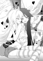 Rule 34 | 2girls, fingering, flat chest, french kiss, greyscale, hand under clothes, heart, highres, kiss, long hair, looking at another, looking back, midriff, monochrome, multiple girls, navel, nipple stimulation, nipple tweak, nipples, one eye closed, open mouth, ore twintail ni narimasu, pussy juice, saliva, smile, striped clothes, striped legwear, striped thighhighs, sweat, thighhighs, tsube aika, twintails, twoearle, wet, yuri, yuto (dialique)
