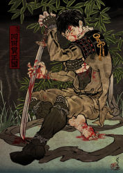 Rule 34 | 10s, 1boy, armor, bandages, bandaged foot, bandaged foot, bandages, black hair, blood, blood on clothes, blood on face, bloody weapon, character name, doudanuki masakuni, fingerless gloves, gloves, japanese armor, japanese clothes, looking at viewer, male focus, ootachi, scar, shoes, short hair, shoulder armor, single shoe, sitting, sode, solo, sword, touken ranbu, weapon, yamisawa, yellow eyes
