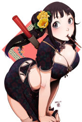 Rule 34 | 1girl, ass, ass cutout, black hair, bra, breasts, chi-chi (dragon ball), china dress, chinese clothes, cigarette, cigarette holder, cleavage, cleavage cutout, clothing cutout, cropped jacket, dated, dragon ball, dragonball z, dress, flower, garter straps, hair flower, hair ornament, harumaki, large breasts, leaning forward, long hair, mouth hold, panties, pantyshot, signature, simple background, skirt, smile, solo, thighhighs, thong, underwear, upskirt, white background