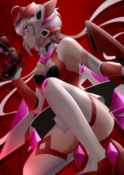 Rule 34 | 1girl, absurdres, blush, bow (weapon), breasts, cleavage, cleavage cutout, clothing cutout, crossbow, elbow gloves, from side, ginga no kou, gloves, grey hair, gun, handgun, highres, holding, holding gun, holding weapon, long hair, low twintails, medium breasts, parted lips, purple eyes, red background, red footwear, revolver, senki zesshou symphogear, solo, squatting, thighhighs, twintails, very long hair, weapon, white gloves, yukine chris