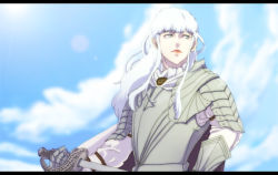 Rule 34 | 1990s (style), 1boy, androgynous, armor, berserk, blue eyes, cape, day, griffith (berserk), letterboxed, lips, long hair, male focus, retro artstyle, saya chocolate513, scar, sky, solo, sword, weapon, white hair