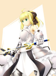 Rule 34 | 1girl, ahoge, armor, artoria pendragon (fate), aru1025330, bare shoulders, blonde hair, bow, caliburn (fate), capcom, detached sleeves, dual wielding, excalibur (fate/stay night), fate/stay night, fate/unlimited codes, fate (series), gauntlets, green eyes, hair bow, holding, long hair, ponytail, saber (fate), saber lily, solo, sword, weapon