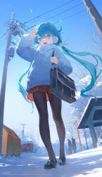 Rule 34 | 1girl, :d, absurdres, arm up, bare tree, bench, black footwear, black pantyhose, blue eyes, blue hair, blue sky, coat, day, earmuffs, from below, full body, hair ornament, hatsune miku, highres, long hair, long sleeves, mary janes, miniskirt, open mouth, outdoors, pantyhose, pleated skirt, rabbit hair ornament, red skirt, ruochongsang, scarf, shoes, silhouette, skirt, sky, smile, snow, solo focus, standing, tree, twintails, utility pole, very long hair, vocaloid, white coat, white scarf, winter