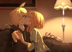 Rule 34 | 1boy, 1girl, alternate hair color, assertive female, bad id, bad pixiv id, blonde hair, blouse, blurry, blush, bow, box, casual, closed eyes, couch, couple, creatures (company), depth of field, full body, game freak, gift, gift box, gladion (pokemon), green bow, hair over one eye, heart, hetero, hood, hoodie, indoors, kiss, kissing cheek, lamp, light brown hair, long sleeves, nintendo, on couch, open mouth, pokemon, pokemon sm, rupinesu, selene (pokemon), shirt, short hair, smile, surprised, valentine, wide sleeves