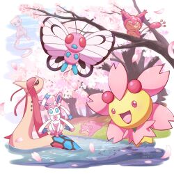 Rule 34 | alternate color, animal focus, blue eyes, border, bug, butterfly, butterfree, cherrim, cherrim (sunshine), cherry blossoms, closed mouth, commentary request, creatures (company), falling petals, floating, game freak, gen 1 pokemon, gen 3 pokemon, gen 4 pokemon, gen 6 pokemon, insect, legendary pokemon, mew (pokemon), milotic, mythical pokemon, nintendo, no humans, outdoors, petals, pokemon, pokemon (creature), red eyes, scales, shiny pokemon, sitting on branch, skitty, slowpoke, smile, sylveon, tree, wataame4907, water, white border