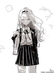 Rule 34 | 1girl, bag, blazer, collared shirt, copyright request, dress shirt, facial scar, forehead, hairband, highres, jacket, long hair, long sleeves, neck ribbon, open clothes, open jacket, pleated skirt, ribbon, scar, scar on cheek, scar on face, school bag, school uniform, shirt, signature, simple background, skirt, sofra, solo, spoilers, takopii no genzai, twitter username, very long hair, white background
