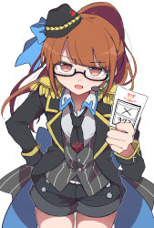 Rule 34 | 1girl, black-framed eyewear, black hat, black jacket, black necktie, black shorts, blue bow, blunt bangs, blush, bow, brown eyes, brown hair, collared shirt, commentary request, cowboy shot, glasses, grey shirt, grey vest, hand on own hip, hand up, hat, headset, highres, holding, holding paper, jacket, long hair, long sleeves, looking at viewer, minami mirei, necktie, nojima minami, open mouth, paper, ponytail, pretty series, pripara, semi-rimless eyewear, shirt, shorts, simple background, solo, standing, vest, white background