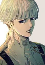 Rule 34 | 1girl, androgynous, black eyes, blonde hair, character name, hands on own face, looking to the side, military, military uniform, serious, shingeki no kyojin, short hair, simple background, solo, solo focus, uniform, white background, yelena (shingeki no kyojin)
