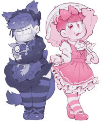 Rule 34 | :3, animal, animal ears, ascot, blush, brothers, cat, cat boy, cat ears, cat tail, clenched teeth, clothes lift, crossdressing, esper nyanko, flower eyepatch, frilled headwear, frilled umbrella, frills, gothic lolita, holding, holding animal, holding cat, holding umbrella, juliet sleeves, lolita fashion, long sleeves, maid headdress, male focus, matsuno ichimatsu, matsuno todomatsu, osomatsu-san, osomatsu (series), parasol, pink theme, pinky out, puffy sleeves, purple theme, sanjiro (tenshin anman), siblings, skirt, skirt lift, striped clothes, striped thighhighs, sweet lolita, tail, teeth, thick thighs, thighhighs, thighs, umbrella, white background