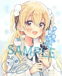 Rule 34 | 1girl, :d, black ribbon, blonde hair, blue flower, blush, brown eyes, commentary request, fang, flower, fur collar, hair between eyes, hair ribbon, highres, holding, holding flower, jacket, long hair, long sleeves, looking at viewer, nemophila (flower), open mouth, ribbon, sakura oriko, sample watermark, signature, smile, snowflakes, solo, swing!!, two side up, upper body, very long hair, watermark, white jacket