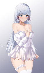 Rule 34 | 1girl, alternate costume, arm at side, armpit crease, ayaka (genshin impact), bare shoulders, blue eyes, blue hair, blunt bangs, blunt tresses, blush, breasts, bridal garter, choker, closed mouth, cowboy shot, dress, duplicate, feint721, flower knot, frilled dress, frilled shirt, frills, genshin impact, gold choker, gradient background, grey background, hair ornament, hair ribbon, hand up, highres, jewelry, large breasts, legs together, long hair, long sleeves, looking at viewer, medium breasts, miniskirt, mole, mole under eye, necklace, off-shoulder dress, off-shoulder shirt, off shoulder, pixel-perfect duplicate, red ribbon, ribbon, shirt, sidelocks, signature, skirt, smile, solo, sparkle, standing, straight hair, tassel choker, thighhighs, thighlet, thighs, tress ribbon, white background, white hair, white shirt, white skirt, white thighhighs, wrist cuffs
