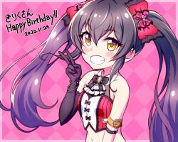 Rule 34 | 1girl, 2022, arm strap, asymmetrical gloves, black bow, black bowtie, black gloves, black hair, blush, bow, bowtie, breasts, checkered background, collarbone, dated, elbow gloves, floating hair, gloves, grin, hair between eyes, hair bow, hair ornament, happy birthday, heart, heart hair ornament, highres, idolmaster, idolmaster cinderella girls, kyoutsuugengo, long hair, matoba risa, midriff, navel, pink background, red bow, single glove, small breasts, smile, solo, stomach, twintails, upper body, v, very long hair, yellow eyes