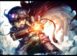 Rule 34 | 1boy, aiming, aiming at viewer, artist name, black cape, brown hair, brown pants, cape, commentary request, dust cloud, fake horns, floating cape, glowing, hair between eyes, helmet, horned helmet, horns, k-suwabe, looking at viewer, made in abyss, male focus, mechanical arms, on one knee, open hand, open mouth, pants, regu (made in abyss), solo, white background, yellow eyes