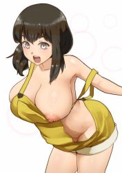 Rule 34 | 10s, 1girl, armpits, breast slip, breasts, brown eyes, brown hair, cleavage, collarbone, female focus, gatchaman crowds, ichinose hajime, large breasts, leaning forward, looking at viewer, naked overalls, nipples, nishiumi rin, one breast out, open mouth, overalls, puffy nipples, simple background, solo, strap slip
