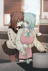Rule 34 | 2girls, :o, animal ears, apron, arknights, bear ears, black choker, black sailor collar, black skirt, blue eyes, blue hair, blue neckwear, blurry, blurry background, brown hair, brown legwear, chinese commentary, choker, commentary request, cowboy shot, grey sweater, hair between eyes, highres, holding, holding spoon, hug, hug from behind, implied yuri, indoors, istina (arknights), long hair, long sleeves, looking at viewer, miniskirt, multicolored hair, multiple girls, necktie, no headwear, open mouth, pantyhose, parted lips, pink apron, pleated skirt, pot, red hair, sailor collar, skirt, speech bubble, spoon, standing, streaked hair, sweater, translation request, window, wing collar, ya kexi, zima (arknights)