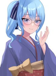 Rule 34 | 1girl, absurdres, blue eyes, blue hair, fawny, glasses, highres, hololive, hoshimachi suisei, japanese clothes, kimono, long sleeves, looking at viewer, obi, sash, simple background, smile, solo, virtual youtuber