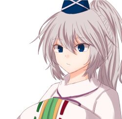 Rule 34 | 1girl, blue eyes, blue hat, closed mouth, commentary request, grey hair, hands in opposite sleeves, hat, long sleeves, looking at viewer, medium hair, mononobe no futo, pipita, ponytail, ribbon-trimmed sleeves, ribbon trim, simple background, solo, tate eboshi, touhou, upper body, white background