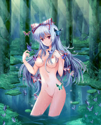 Rule 34 | 1girl, bad id, bad pixiv id, blue hair, bow, breasts, bug, butterfly, censored, convenient censoring, female focus, forest, fujiwara no mokou, groin, hair bow, hair censor, hair over breasts, highres, bug, light smile, long hair, medium breasts, nature, navel, no pussy, nude, outdoors, pico (picollector79), pond, red eyes, silver hair, smile, solo, touhou, tree, wading, water, wet