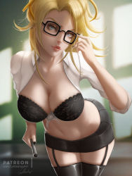 Rule 34 | 1girl, adjusting eyewear, bespectacled, black-framed eyewear, black bra, black nails, black skirt, black thighhighs, blonde hair, blouse, blue eyes, bra, breasts, breasts out, casual, cleavage, collared shirt, cowboy shot, eyelashes, front-tie top, garter straps, glasses, hand on eyewear, holding, indoors, lace, lace bra, large breasts, leaning forward, lips, lolliedrop, looking at viewer, medium sleeves, mercy (overwatch), microskirt, midriff, nail polish, navel, no wings, nose, open clothes, open shirt, overwatch, overwatch 1, parted lips, pink lips, puckered lips, shirt, signature, skirt, solo, teacher, thighhighs, underwear, watermark, web address, white shirt