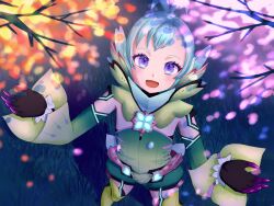 Rule 34 | 1boy, :d, aohoshi non, aqua hair, bare shoulders, black gloves, boots, branch, cherry blossoms, core crystal (xenoblade), detached sleeves, floren (xenoblade), from above, gloves, green footwear, green leotard, green sleeves, leotard, looking at viewer, male focus, open mouth, petals, purple eyes, short hair, smile, solo, standing, thigh boots, trap, tree, xenoblade chronicles (series), xenoblade chronicles 2