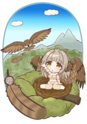Rule 34 | 1girl, :o, animal ears, arm up, bare shoulders, bird, bird ears, bird girl, bird nest, blue sky, blunt bangs, breasts, brown feathers, chibi, cleavage, cloud, collarbone, commentary request, day, falling feathers, feathers, full body, fur (clothing), fur sleeves, grey hair, highres, in nest, large breasts, long hair, looking up, midriff, mokezi, mountain, navel, nest, original, outdoors, reaching, sidelocks, sitting, sky, tree, wariza, yellow eyes