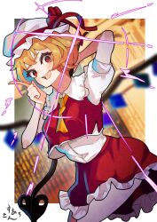 Rule 34 | 1girl, :d, arm behind head, ascot, blonde hair, blurry, commentary, crystal, crystal wings, depth of field, flandre scarlet, hat, hat ribbon, highres, index finger raised, mob cap, open mouth, red eyes, red ribbon, red skirt, red vest, ribbon, shirt, short hair, short sleeves, skirt, smile, solo, suarokin, teeth, touhou, upper teeth only, vest, white hat, white shirt, wings, yellow ascot