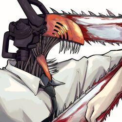 Rule 34 | 1boy, black necktie, blood, bloody weapon, chainsaw, chainsaw man, collared shirt, cropped torso, denji (chainsaw man), from side, highres, jacket, looking to the side, male focus, necktie, open mouth, portrait, sharp teeth, shirt, simple background, solo, teeth, tongue, upper body, weapon, white background, white shirt, yellow eyes, yuma kahara