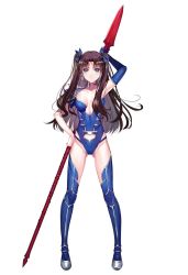Rule 34 | 1girl, armor, armpits, black sleeves, blue bow, blue eyes, blue footwear, blue leotard, boots, bow, breasts, brown hair, choker, cleavage, clothing cutout, collarbone, cosplay, cu chulainn (fate), cu chulainn (fate/stay night), cu chulainn (fate/stay night) (cosplay), detached sleeves, fate/stay night, fate (series), floating hair, full body, gloves, hair bow, hand on own hip, highleg, highleg leotard, highres, holding, holding polearm, holding spear, holding weapon, leotard, long hair, long sleeves, looking at viewer, medium breasts, midriff, navel, navel cutout, polearm, shoulder armor, simple background, single glove, solo, spear, stomach, thigh boots, thighhighs, tohsaka rin, twintails, two side up, very long hair, weapon, white background, yaoshi jun