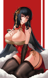 Rule 34 | absurdres, ahoge, azur lane, black gloves, black hair, black thighhighs, breasts, bridal gauntlets, chinese clothes, cleavage, cleavage cutout, clothing cutout, crossed bangs, dress, gloves, hair ornament, highres, huge breasts, long hair, moonface, official alternate costume, red eyes, taihou (azur lane), taihou (phoenix&#039;s spring song) (azur lane), thighhighs, thighs, very long hair
