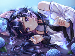 Rule 34 | 1girl, animal ear fluff, animal ears, aniroud, bare shoulders, black hair, blue flower, character request, closed mouth, detached sleeves, fingernails, flower, highres, hitodama, hydrangea, indie virtual youtuber, japanese clothes, kimono, long hair, long sleeves, looking at viewer, lying, multicolored hair, on side, purple eyes, purple hair, purple kimono, smile, solo, two-tone hair, upper body, virtual youtuber, wide sleeves